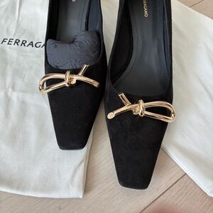 Salvatore Ferragamo Black Suede Pumps with Gold bow tie